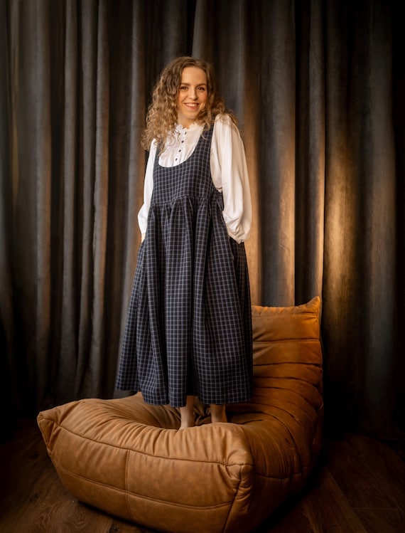 Boho Pinafore Womens Dress, Casual Checkered Overalls Dress, Plus Size A Line Dress With Pocket, Gingham Apron Dress