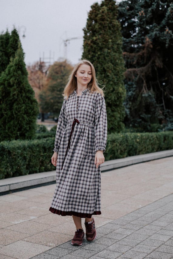Warm Check Casual Flannel Dress With Puff Sleeves, Long Gathered Gingham  Outfit, Boho Gown for Winter Holiday