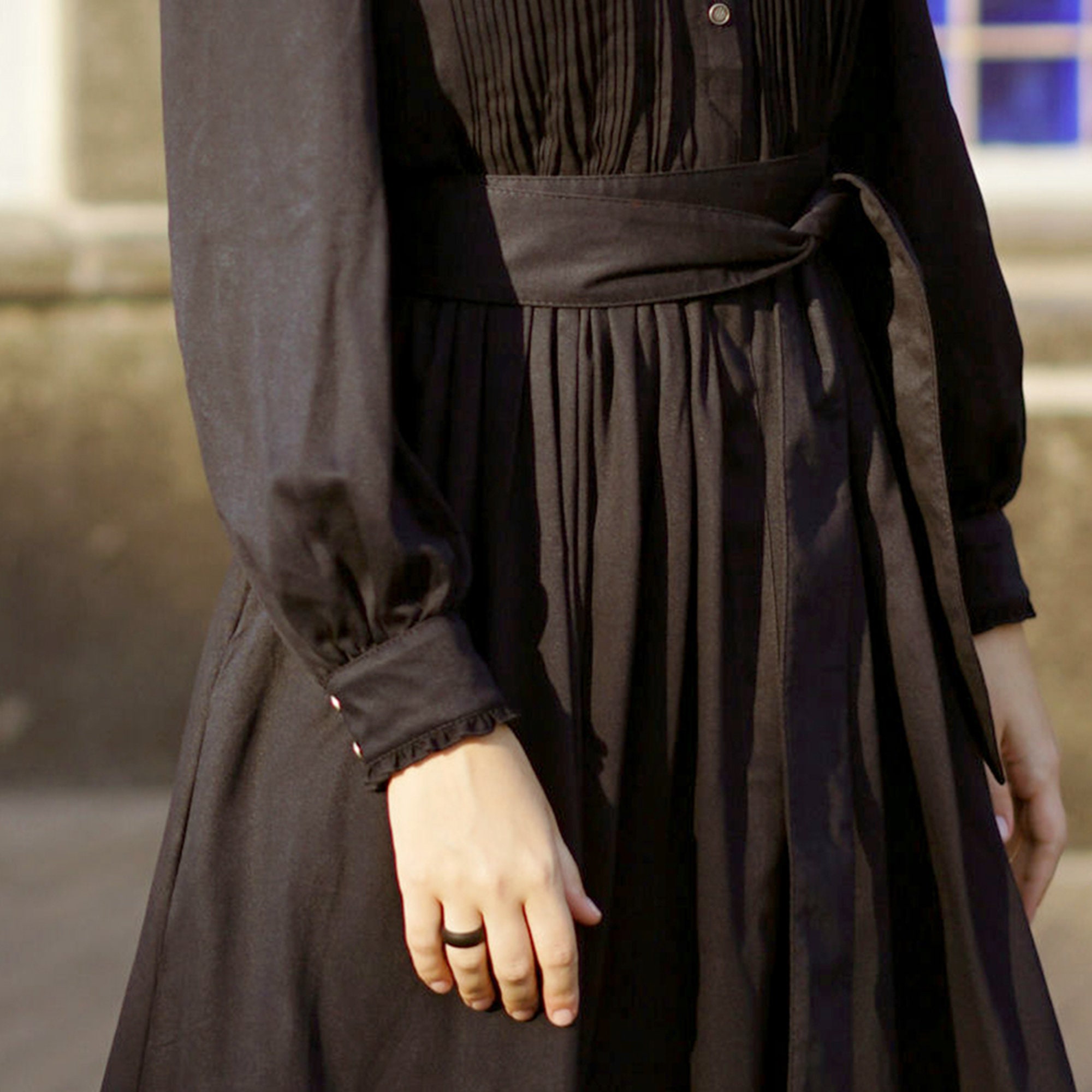 dark academia long dress Dark Ruffled Lace Ribbon & Bows Academia Black Dress main image 0