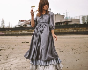 Vestido gris midi con falda doble, vestido de cuento de hadas para fiesta, vestido largo y holgado de estilo cottagecore con capas para mujer, vestido de fiesta hecho a mano con dobladillo plisado.