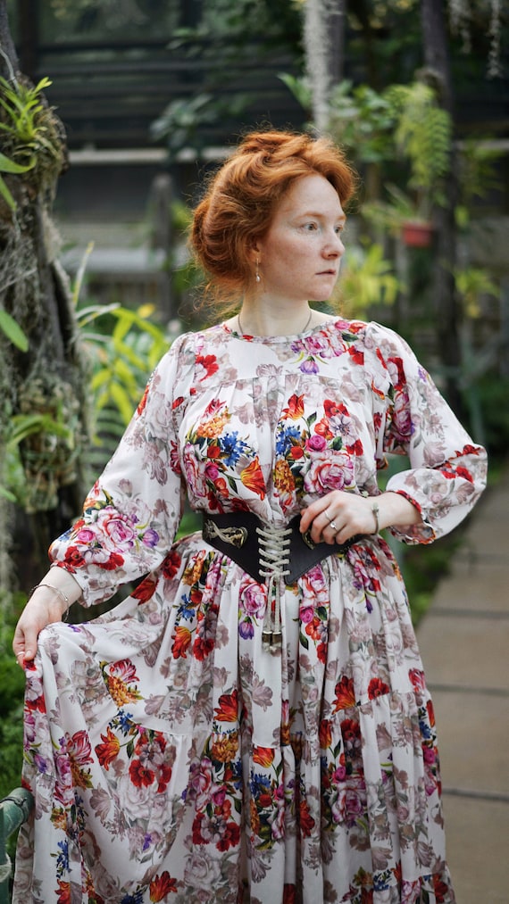 plus size floral boho dress Maxi Dress, Flowy Gunne Sax Retro Dress, Loose Cottagecore Dress, Long Sleeve 1970s Bust:58 Stretchy Knit Fabric Deep BF under69.99 Nolwen