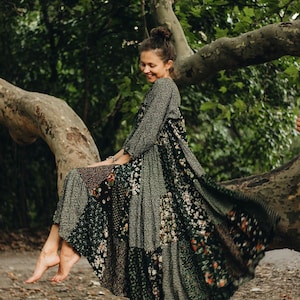 Boho Hippie Green Patchwork Oversize Dress, Fairy Gown, Indian Fantasy Dress, Cottagecore Dress, Homecoming sun dress, Maternity dress