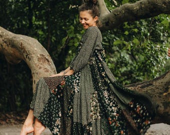 Vestido bohemio hippie verde de patchwork oversize, vestido de hada, vestido de fantasía india, vestido cottagecore, vestido de fiesta de verano, vestido de maternidad