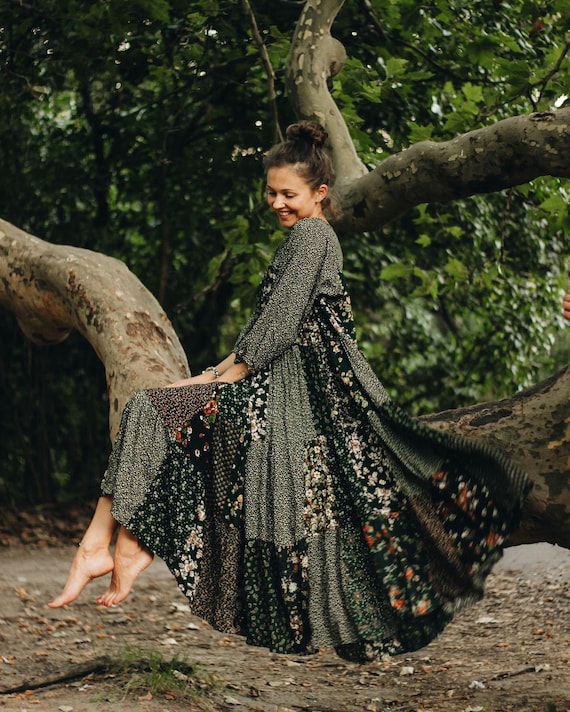 sachin and babi light blue dress Boho Hippie Green Patchwork Oversize Dress, Fairy Gown, Indian Fantasy Dress,  Cottagecore Dress, Homecoming Sun Dress, Maternity Dress
