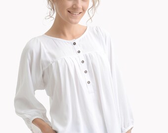 White Cotton Blouse with Puff Sleeves, Summer Ruffle Top, Cottagecore Blouse, Romantic Boho Shirt, Casual Chic Look