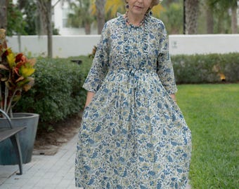 Vestido largo azul con volantes y mangas 3/4, vestido floral para invitada de boda, ideal para fiesta en el jardín, estilo bohemio.