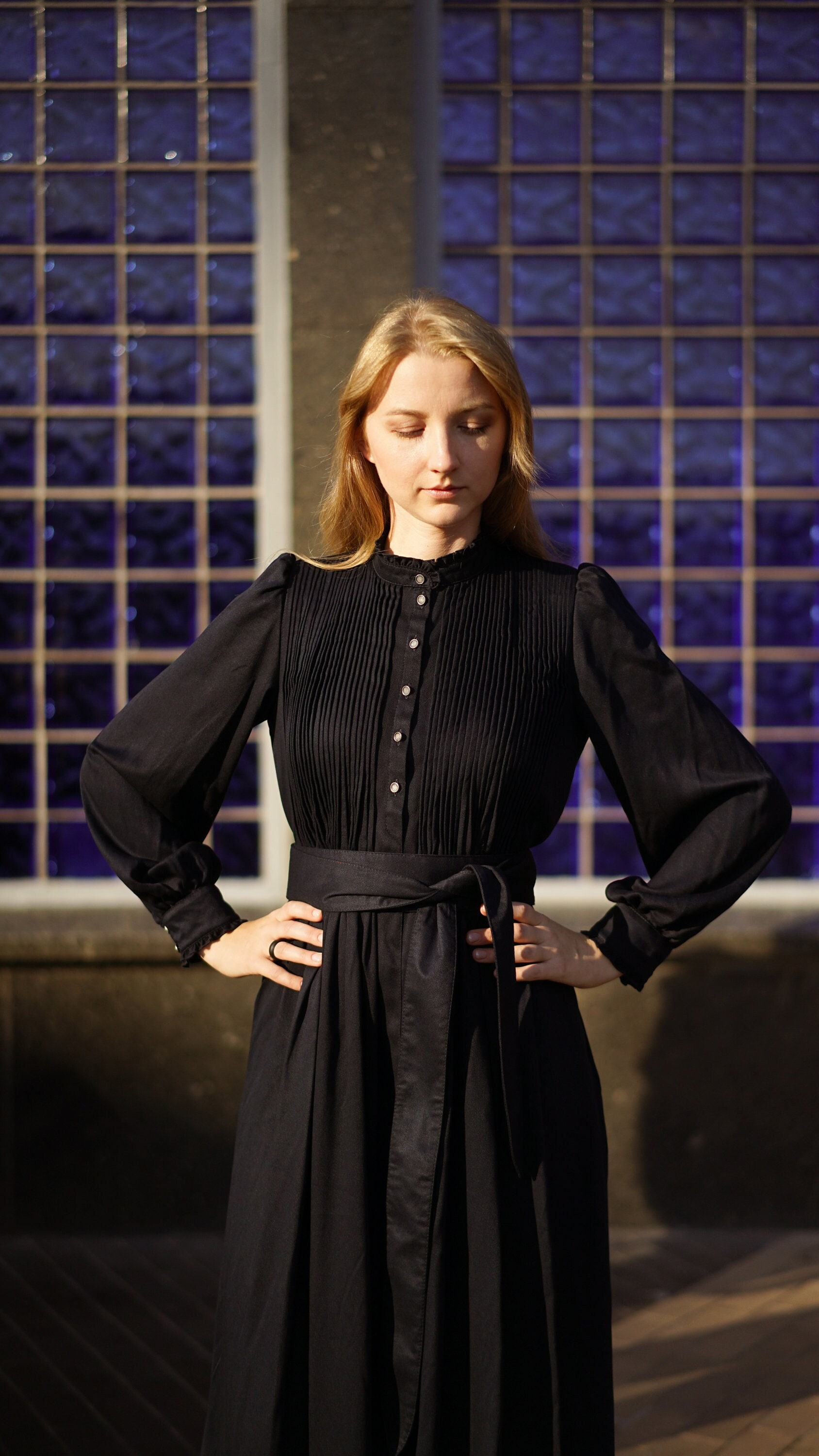 black gothic midi dress Vintage 80s Gothic Wednesday Addams Black Midi Dress