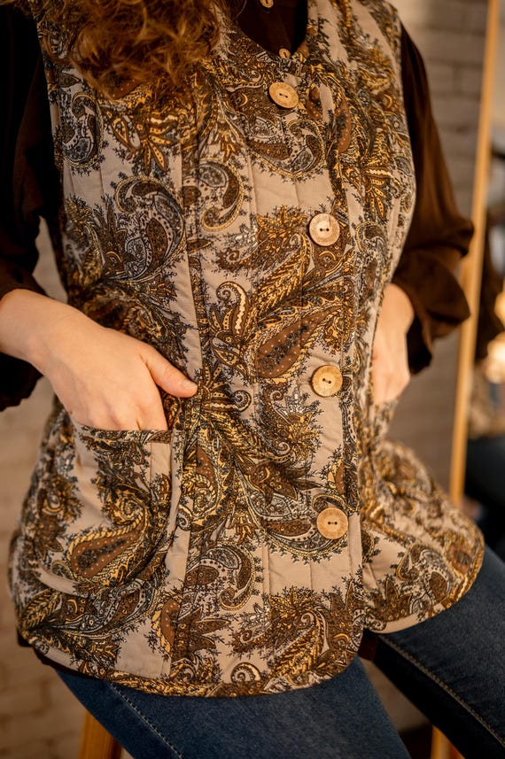 Chaleco largo entallado con estampado floral, chaleco retro cálido