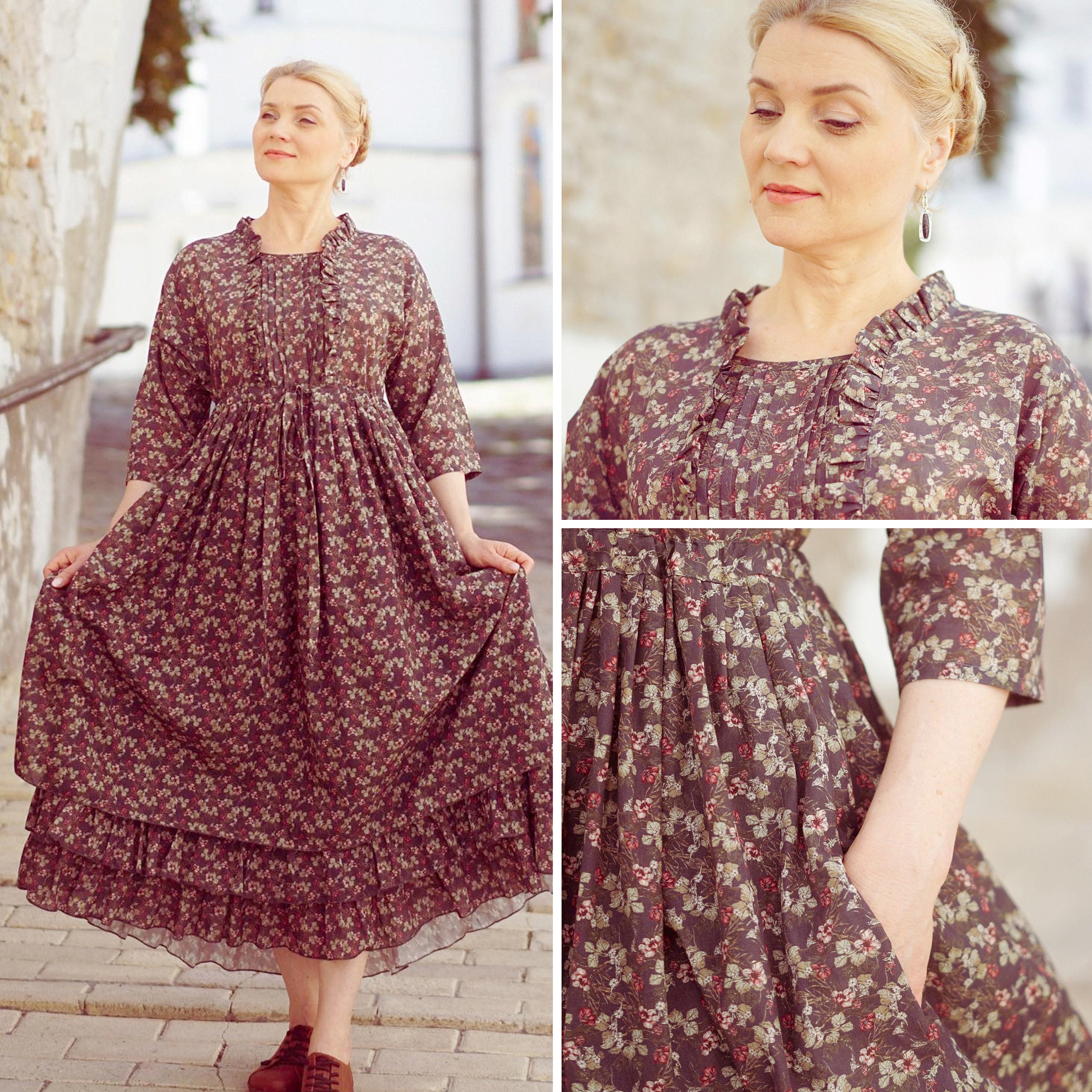 Vintage Floral Dress, Plus Size Prairie Gown, Edwardian Picnic