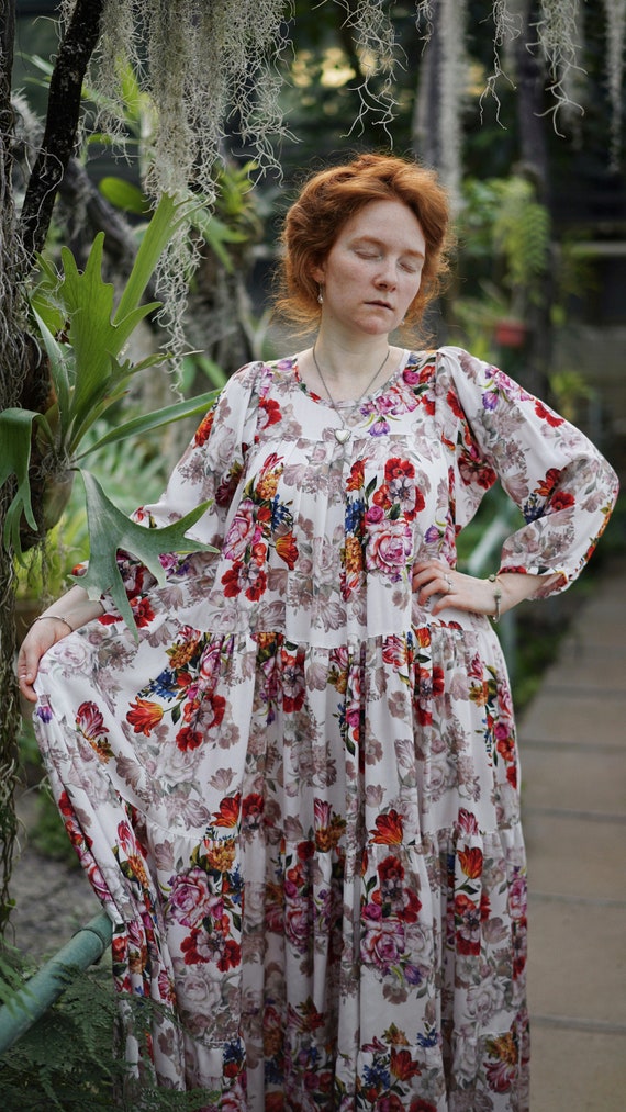 Floral Maxi Dress, Long Sleeve Wedding Guest Dress, Vintage Style Long Sleeve Dress, Romantic Summer Outfit, Plus Size Summer Cottagecore