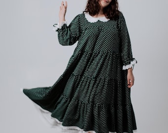 Zielona skromna sukienka w groszki, suknia midi w stylu wiktoriańskim w stylu cottagecore, prezent dla mamy, fantazyjna sukienka ciążowa,