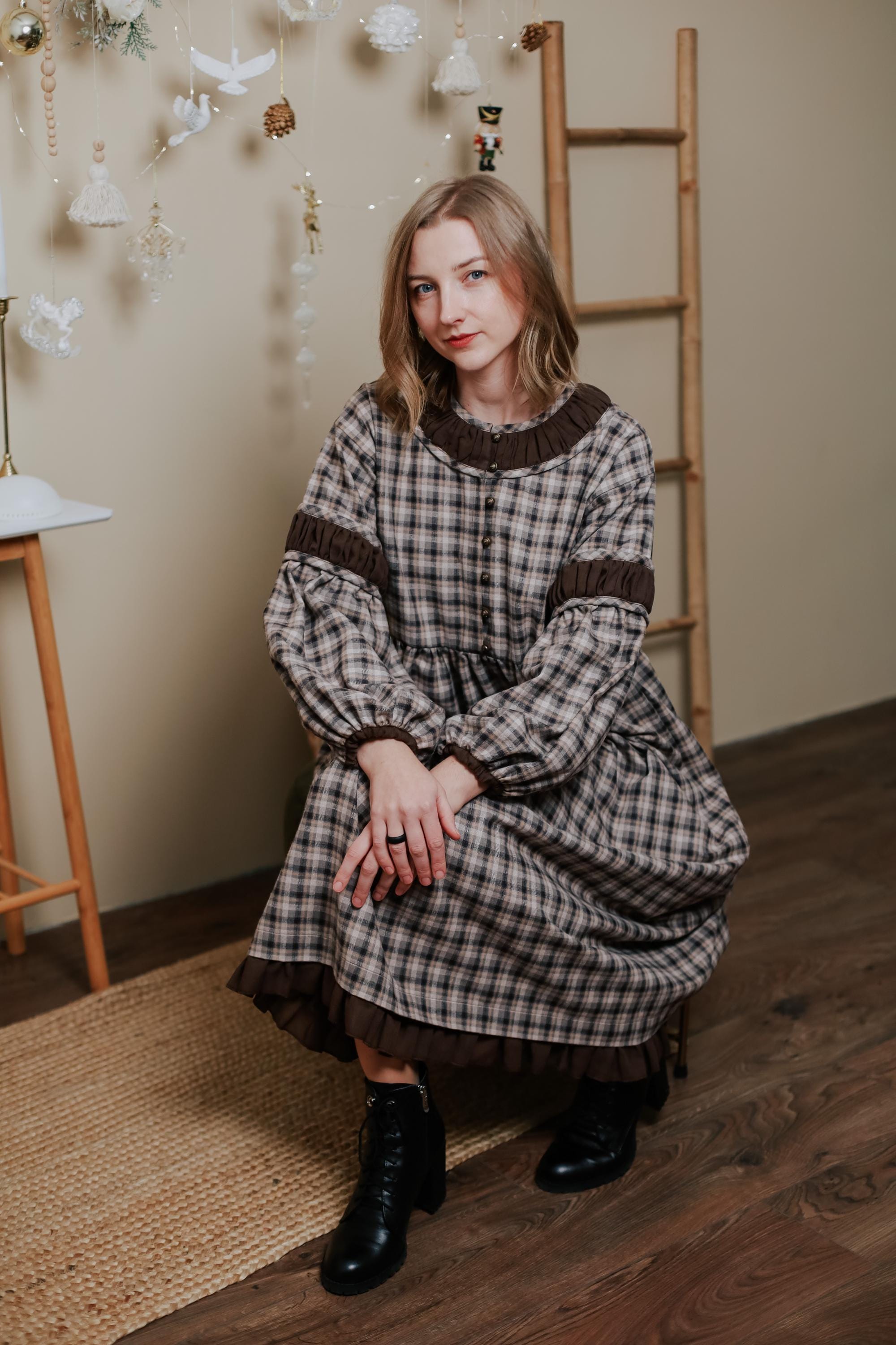 Plaid Flannel Midi Dress With Pockets, Bishop Sleeve Prairie Style