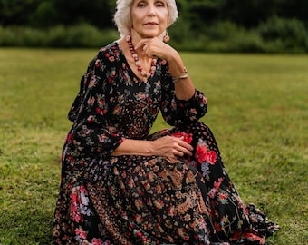 Suknia ślubna midi z patchworku, sukienka boho na ogrodowe przyjęcie w kwiaty, czarna sukienka kościelna w dużym rozmiarze z warstwami, kwiatowy strój na święta w stylu cottagecore