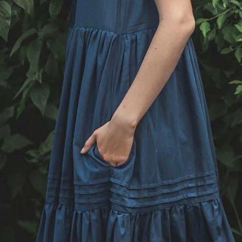 Dark Blue Midi Pinafore Resort Sundress, Summer Vacation Girl's Dress, Girls Holiday Dress, Loose Comfy Romantic Dress image 4
