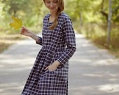 Gingham Midi Country Dress, Checkered Modest Picnic Dress With
