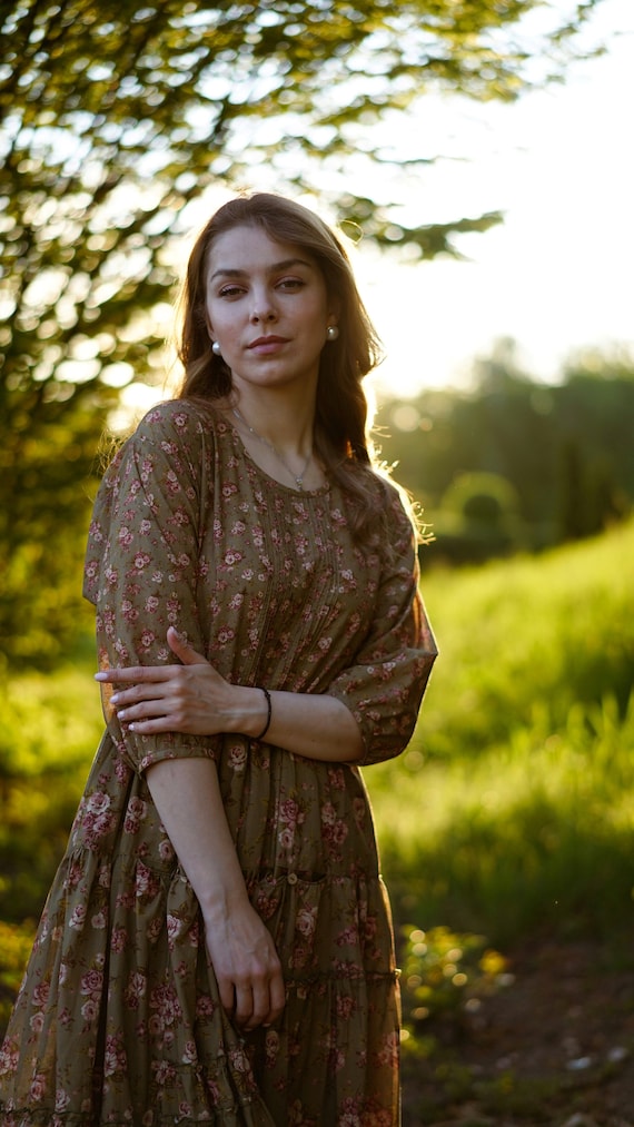 boho floral peasant dress Boho Floral Sundress, Peasant Cottage Core Dress, Ruffled Women's Dress,  Loose Tiered Prairie Dress, Retro Midi Dress, Vacation Summer Dress