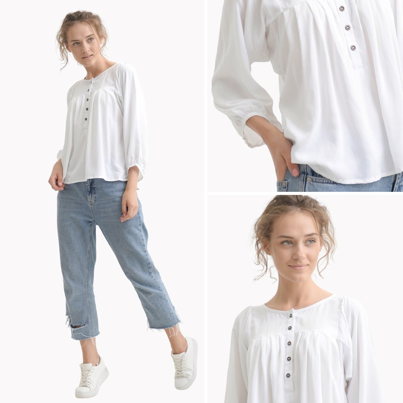 Office style white blouse, Cotton comfy blouse, Loose Fitting Blouse, Feminine Blouse, Minimalist Blouse, White Cotton Blouse, Resort Wear Main photo color