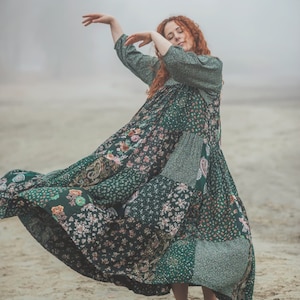 Boho Chic Loose Patchwork Forest Dress, Folk Inspired Hippie Style Dress, Retro Spring Garden Dress, Casual Quilted Witches Dress