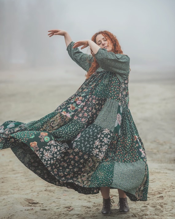 Boho Chic Loose Patchwork Forest Dress, Folk Inspired Hippie Style Dress, Retro Spring Garden Dress, Casual Quilted Witches Dress