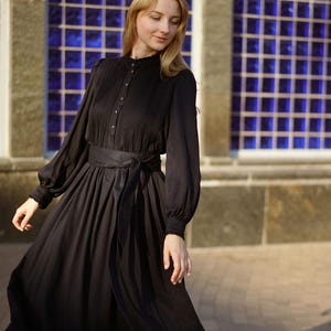 Pleated Midi Gothic Victorian Dress, Cottagecore Goth Belted Flowy Dress, Long Sleeve Boho Dress, Dark Academia Evening Dress, Gift For mom