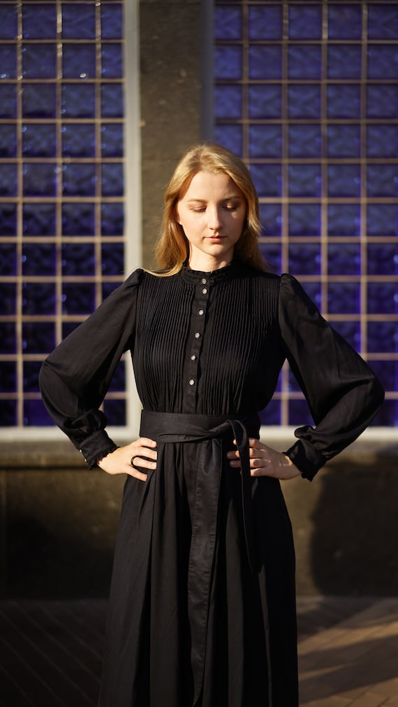 Maxi Evening Dress, Dark Academia Formal Gown, Gothic Belted Flowy Dress, Victorian Long Sleeve Dress, Fit and Flare Wedding Guest Dress