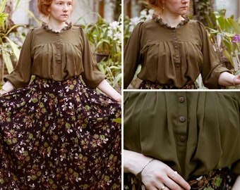 Victorian blouse with ruffle collar, khaki edwardian blouse, puff sleeves peasant blouse, steampunk blouse, cottagecore top dark olive