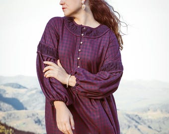 Burgundy Flannel Warm Midi Dress, Cozy Autumn Women's Dress, Cotton Winter Outfit, Puff Long Sleeve Dress, Handmade Warm Casual Dress
