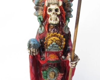 Detailed Multi-Colored Santa Muerte Statue: Red Jaguar Coat, Pyramid Stand, 16 Tall