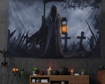 Unique Santa Muerte in the Cemetery Tapestry with Lantern - Occult Home Decor