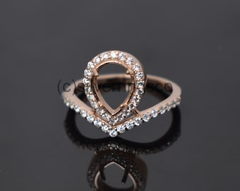 Diamond Semi Mount 7x9mm Teardrop Semi mount Ring, Personalized Halo Wedding Ring, 14k Solid Rose Gold Semi mount