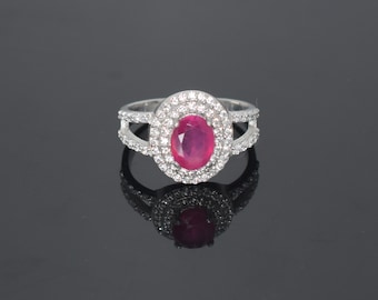 Anillo de compromiso de Rubí, plata de primera ley sólida 925, anillo de promesa, anillo de boda, anillo de aniversario, regalo para ella, anillo de piedra preciosa de rubí rosa