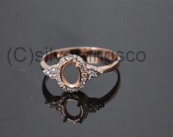 6x8mm Oval Semi mount Ring, Semi Mount Halo Ring, 925 Sterling Silver ring, Wedding Ring, Engagement Ring,