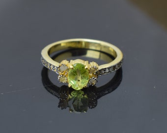 Peridot Diamond Ring, 18k Gold Plated 925 Sterling Silver ring, Promise ring, Victorian Ring, Wedding ring, Engagement ring,