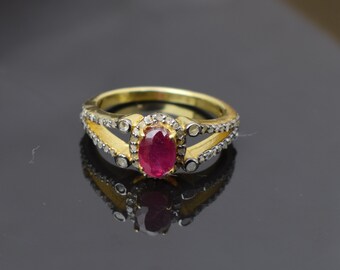 Red Ruby Ring, 18k gold Plated 925 Sterling Silver, Ruby Engagement Ring, Wedding Ring, Diamond Ring, Real Diamond Ring, Victorian Ring