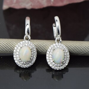 Opal Earrings, 925 sterling silver earrings, Dangle Oval Earrings, Double halo Earrings,