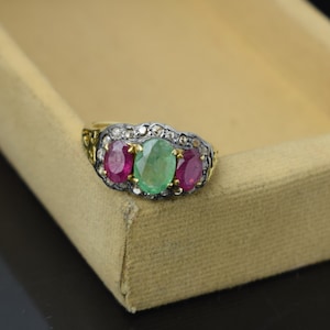 Natural Emerald Ring, 18k gold Plated 925 Sterling Silver, Ruby Engagement Ring, Wedding Ring, Diamond Ring, Real Diamond Ring, Pave Diamond