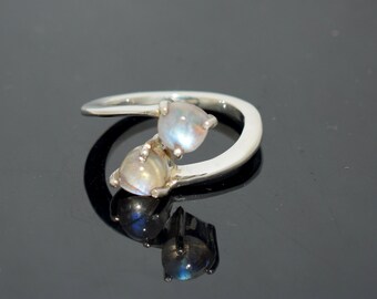 Natural Rainbow Moonstone Ring, Open Adjustable Sterling Silver Ring with two Rainbow Moonstone Gems - Handmade Ring