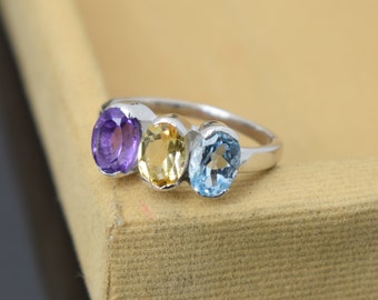 Multi Gemstone Ring, Birth stone Ring, Amethyst Ring, Blue Topaz Ring, Citrine Ring