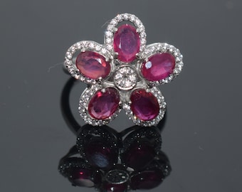 Ruby Engagement Ring, Flower Ring, 925 Solid Sterling silver, Promise Ring, Wedding Ring, Anniversary Ring, Pink Ruby Gemstone Ring