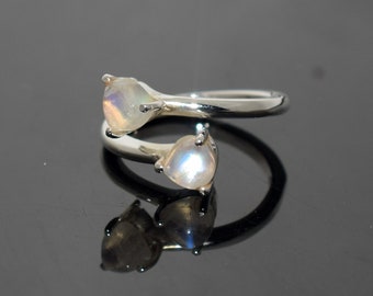 Open Adjustable Sterling Silver Ring with two Rainbow Moonstone Gems - Handmade Ring