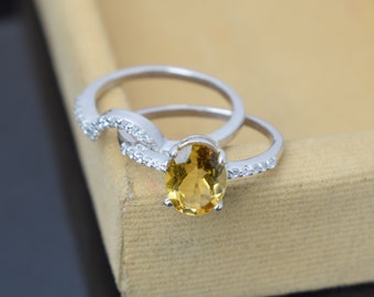 Citrine Bridal Ring Set, Wedding Band Ring, White Gold Plated 925 Sterling Silver, Natural Citrine Ring,