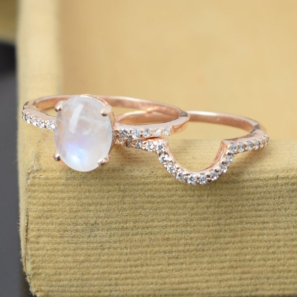 Rainbow Moonstone Bridal Sets, Ring With Matching Band, Rose Gold Plated 925 Sterling silver ring, Wedding Ring