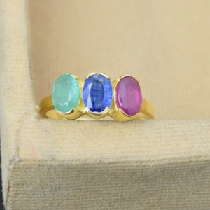 Gold Plated Emerald Ruby Kyanite Ring, Three Stone Ring, 925 Sterling Silver ring, Multi Gemstone Ring, Promise Ring, Infinity Stones Ring
