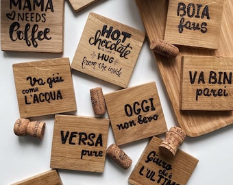 Sottobicchiere in Legno, Fatto a Mano, Idea Regalo Aperitivo, Idea Amanti Vino, Idea regalo Caffè, Frasi Piemontesi Vino