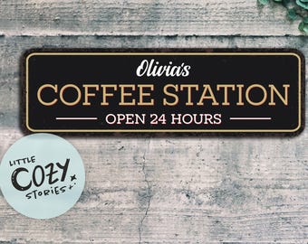 Letrero de estación de café personalizado: placa metálica de estilo vintage