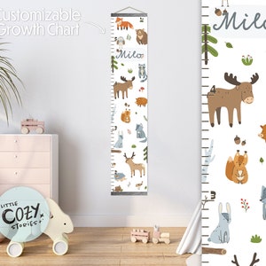 Grafico di crescita personalizzato a tema bosco / Grafico di crescita degli animali della foresta / Righello di tela / Righello per bambini / Insegna dell'asilo nido / Arte della parete / Arredamento della camera dei bambini