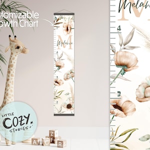 Aangepaste boho bloemengroeimeter | Liniaal met aquarelmonogram | Gepersonaliseerde lengtetabel | Kinderkamerdecoratie | Muurkunst kinderkamer