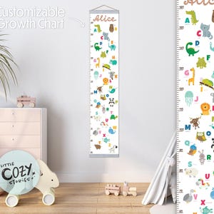 Educatieve groeimeter voor dieren voor kinderen | Gepersonaliseerde kinderkamerdecoratie | ABC-canvashoogteliniaal | Muurkunst voor kinderen