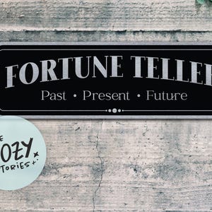 Può includere: Un cartello rettangolare nero con la scritta "FORTUNE TELLER" in argento. Sotto, si legge "Past • Present • Future". Un adesivo circolare azzurro con la scritta "LITTLE COZY STORIES+" si trova in basso a sinistra.