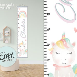 Aangepaste groeimeter met eenhoornthema | Regenbooggroeimeter | Canvasgroeimeter | Onderliggende liniaal | Kwekerijteken | Kunst aan de muur | Kinderkamerinrichting
